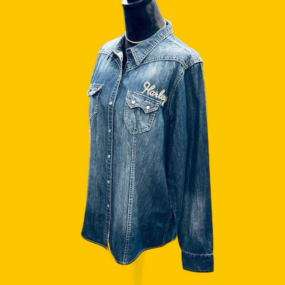 Harley-Davidson Denim Button Down Shirt Women XL Western Snap Logo Embroidered - Picture 4 of 10